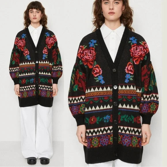 FARM Rio Floral Tapestry Long Cardigan Sweater Oversized Medium Wool Blend - Picture 3 of 17